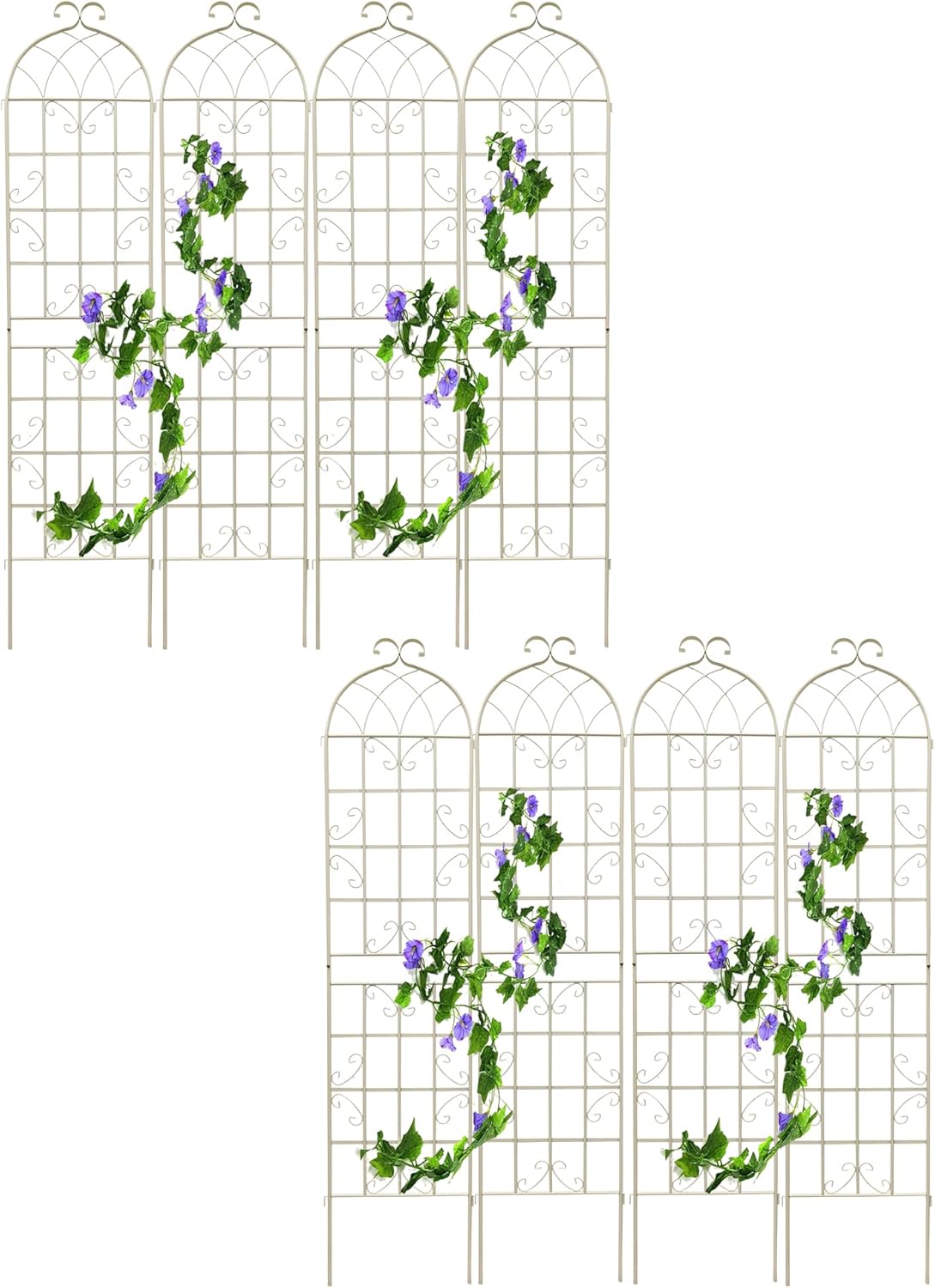 8 Pack Metal Garden Trellis for Climbing Plants, 86.7" Tall Rustproof Outdoor Trellis Panel with Vine Design, Decorative Black Iron Plant Support for Vine, Rose, Flower, Garden Wall, White