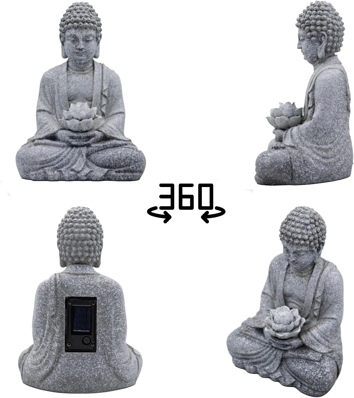 Buddha Lotus Statue with Solar Lights, Resin LED Figurine for Garden Decor – Unique Gift for Women and Friends(Grey Buddha)