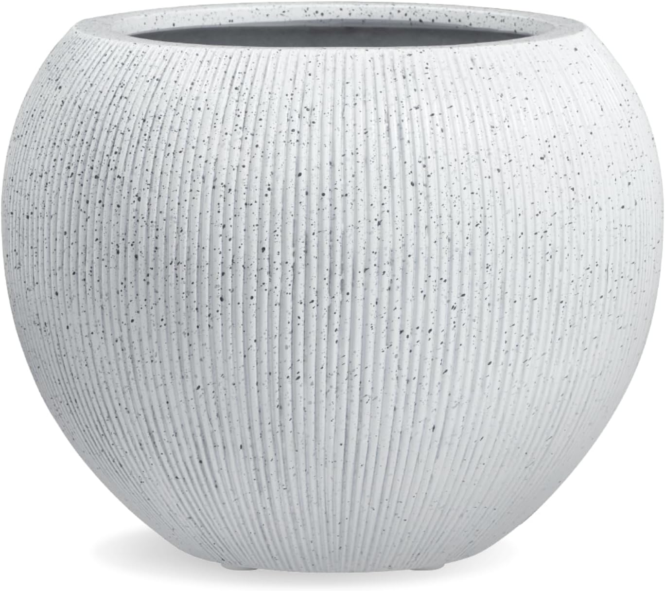16"H x 20"D Globo Fiberstone Round Planter with Drainage Hole, Weather Resistant, Ribbed Finish, Planters for Indoor Plants & Outdoor, 2 Extra Coco Mats (Speckled White, 13.5" Pot Opening)