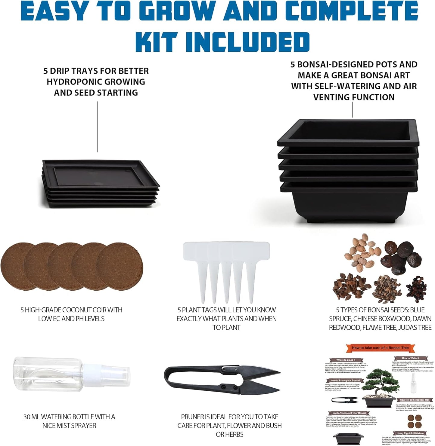 Bonsai Starter Kit, 5 Seeds Growing into Blue Spruce, Chinese Boxwood, Dawn Redwood, Flame Tree and Judas Tree, Including Complete Gardening Tools with A Gift Box, Christmas Gifts for Women