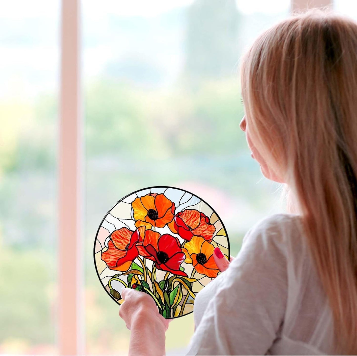 California Poppy Forest Sun Catcher Stained Glass Window Hanging Flower Lover Gifts for Women Red Poppy Wall Decor Handmade Suncatcher Decoration for Home Garden Housewarming Gifts