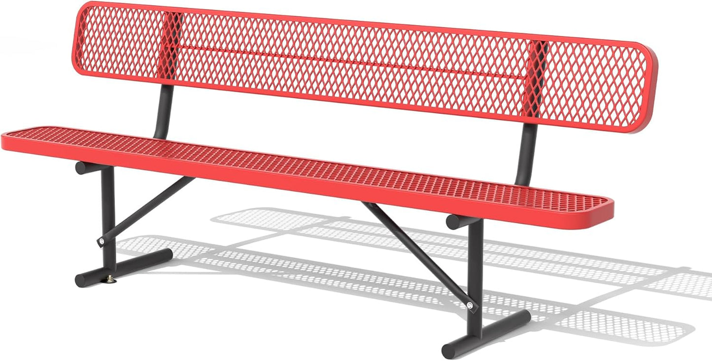 8FT Park Bench for Outside, Heavy-Duty Garden Bench W/ Back, Red Outdoor Metal Bench for Sitting Area, Commercial Bench for School Patio Porch Backyard Sports Church Locker Room Shopping Centers