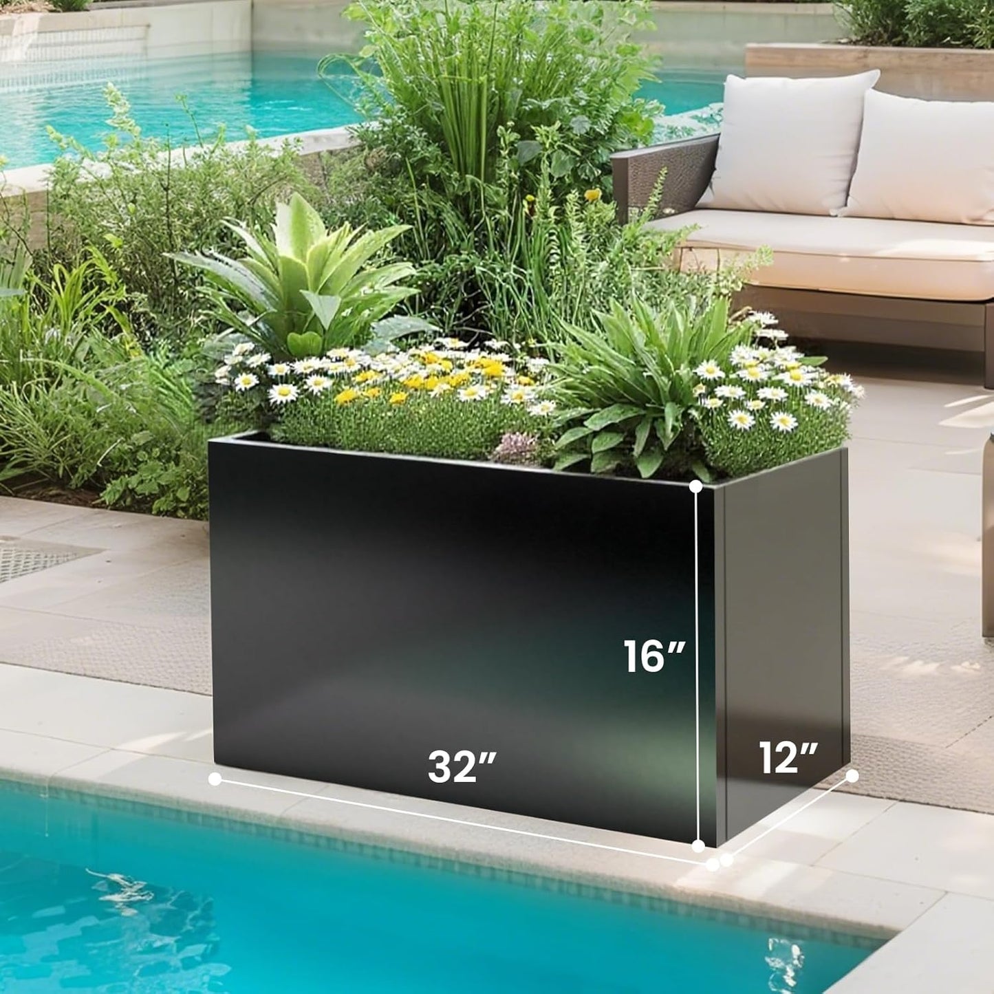 Galvanized Steel Planter Black Metal Outdoor Planter Powder Coated 32" x 12" x 16" Pot Metallic Heavy Pot Indoor & Outdoor, Commercial & Residential (L32 x W12 x D16, Black)