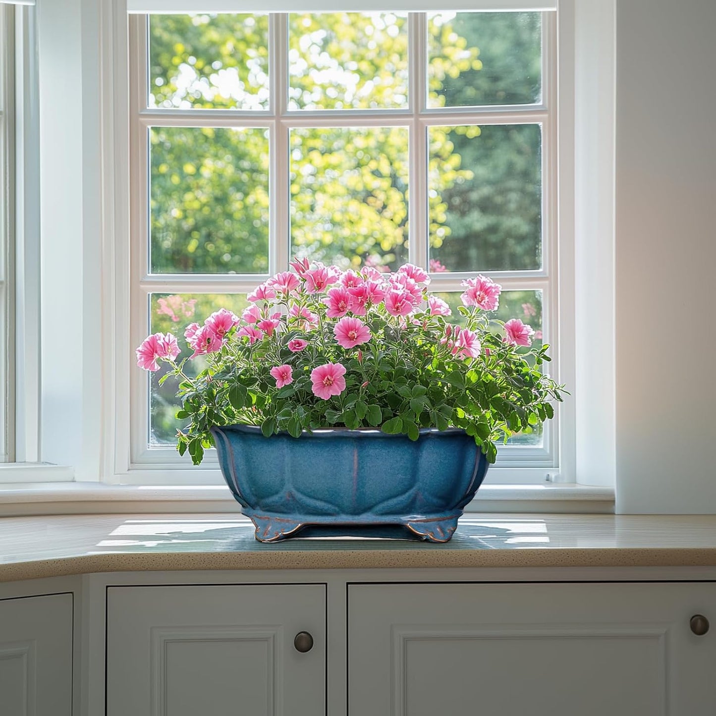 Bonsai Pots - 13.2 Inch Oval Ceramic Pots for Plants, Large Succulent Planter with Drainage Hole, Decorative Planters for Indoor Outdoor, Garden House Decor, Housewarming Gifts, Retro Blue