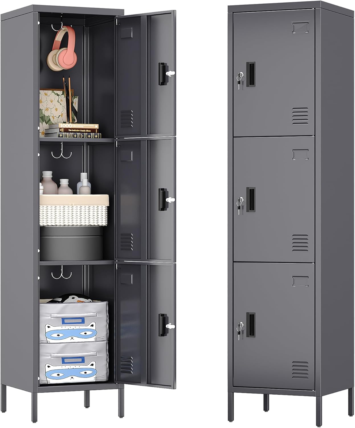 66" H*15.75" D*15.75" W Steel Storage Cabinet,3 Doors Metal Storage Locker for Employees,Employee Lockers with Lock,Hooks and Card Slot for School Gym Home Office, Assembly Required,Dark Grey,240 LBS