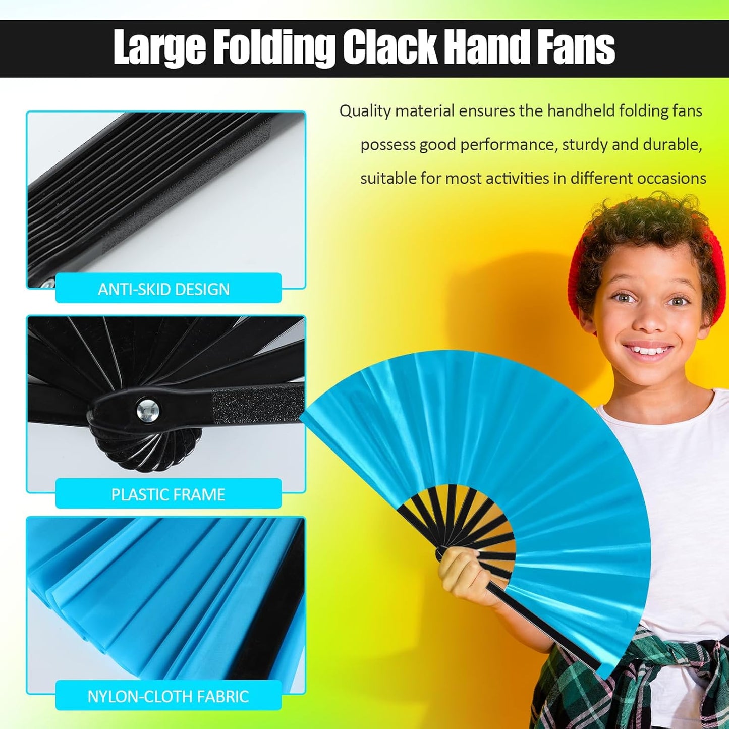 Blulu 4 Pcs 11 Inch Large Folding Hand Fans for Line Dancing Clapping Popping Rave Fans for Kids Women Men for Dancing Boots on The Ground Festival Party Decoration(Classic Style, Fluorescent Color)