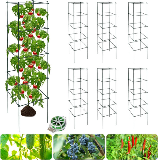 6 Packs Tomato Cages for Garden, 12"×12"×48" Plant Support Cage with Different Spacing, Green Metal Trellis for Climbing Plants Like Cucumber, Flowers