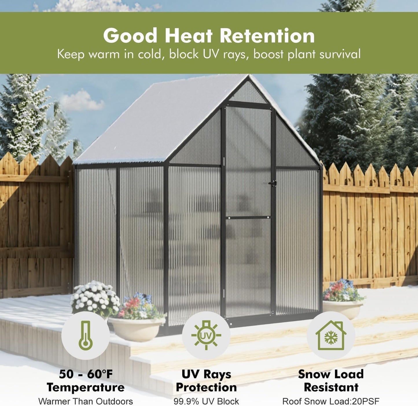 4x6FT Outdoor Greenhouse, Polycarbonate Green House, Small Walk-in Greenhouse with Vented Roof Window, Windproof Aluminum Frame with Quick-Installation Structure, Suitable for Gardening