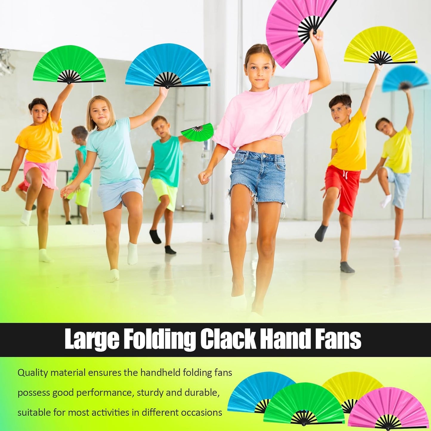 Blulu 4 Pcs 11 Inch Large Folding Hand Fans for Line Dancing Clapping Popping Rave Fans for Kids Women Men for Dancing Boots on The Ground Festival Party Decoration(Classic Style, Fluorescent Color)