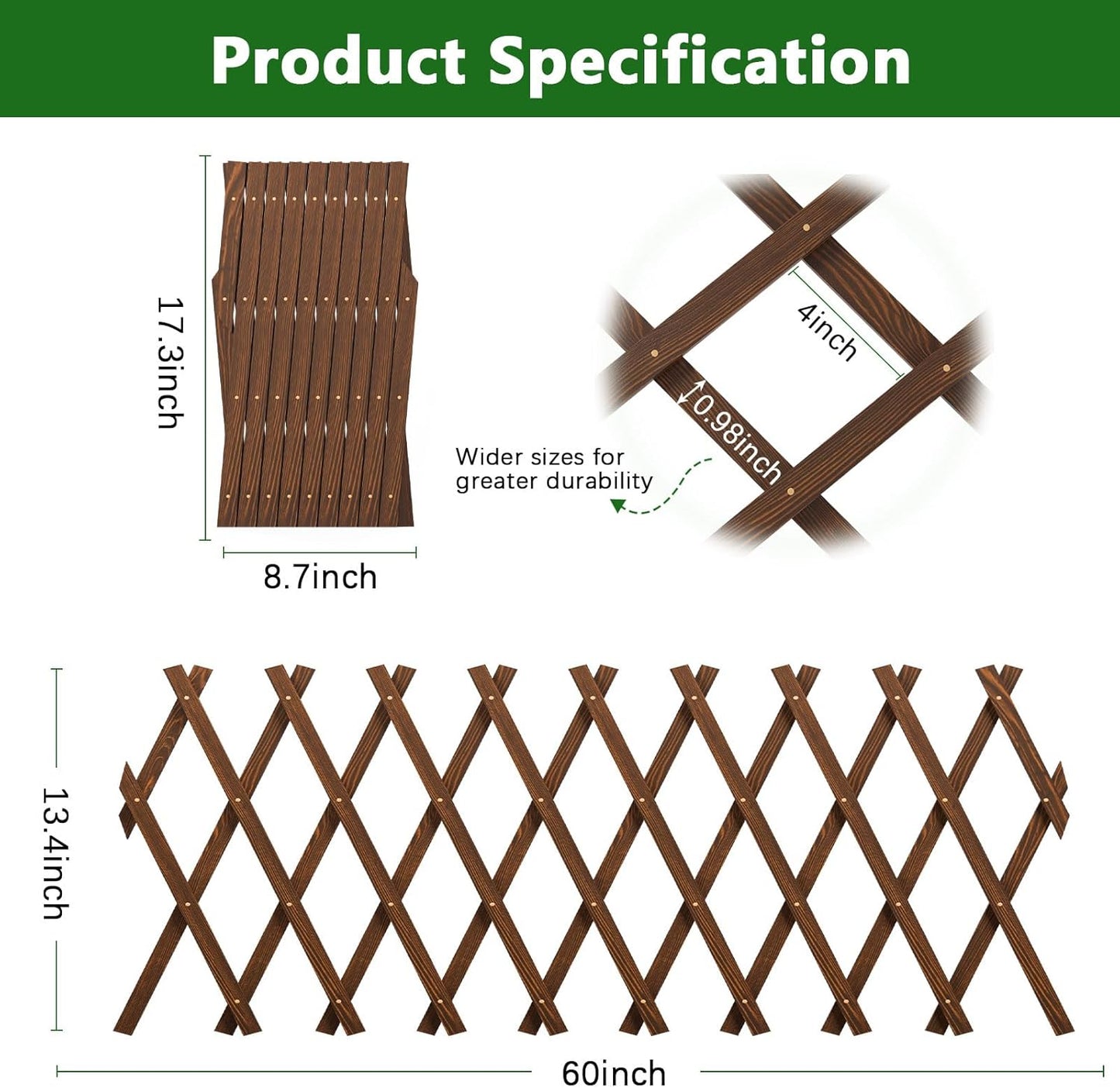 4 PCS Expandable Garden Trellis, 13.4" x 60" Trellis for Climbing Plants Outdoor, Wooden Lattice Fence Wall Panel Lattice Panels for Outside, for Climbing Plants Vine Ivy Rose Cucumbers Clematis