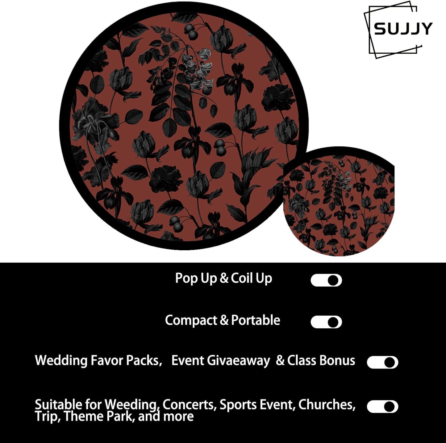 4 Pack Chic Black Botanical Foldable Hand Fans, Versatile Round Handheld Fans for Travel, Events, Indoor and Outdoor (Chic Black)