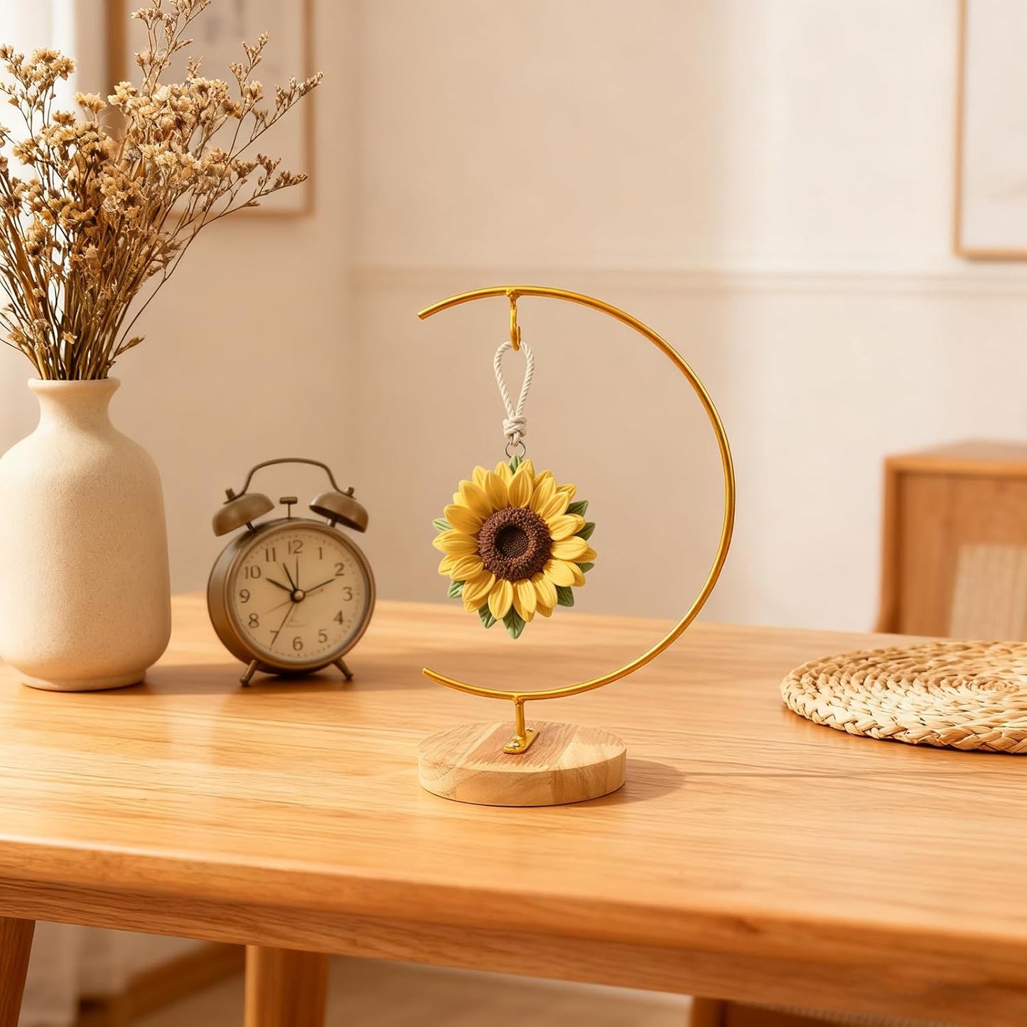 WAJJ Ornament Display Stand, 1 Pack Iron Hanging Stand Rack Holder for Hanging Glass Globe Air Plant Terrarium, Witch Ball and Home Wedding Decoration (Round Wood Gold)