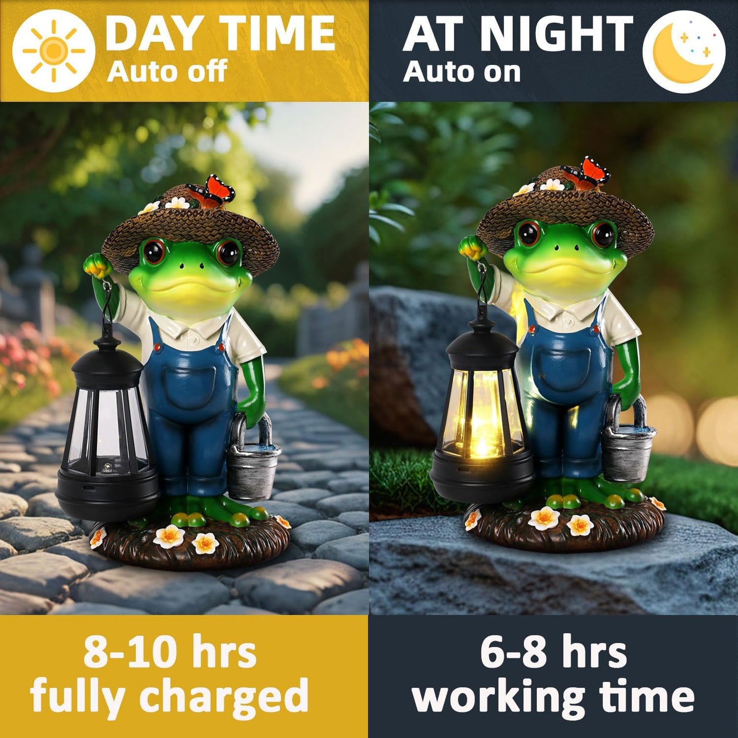 Solar Garden Decor - Frog Statues with Lantern 9" Resin Solar Frogs for Outdoors Patio Yard Porch Lawn Balcony Decor Ideas Animal Lover Gardening Gifts for Women Mom Wife