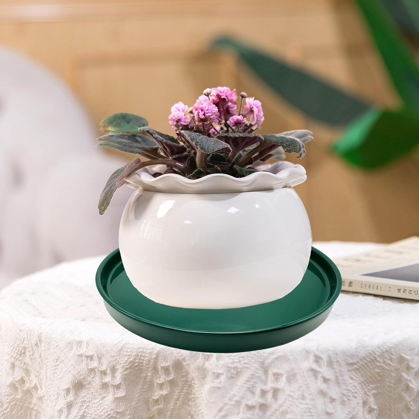 4 Pack Ceramic Plant Saucer Pot Tray 4 Inch, Planter Saucers 4 5 6 7 8 9 10 11 12 13 Inch for Indoors Outdoor, Durable Sturdy Flower Drainage drip Water Tray for Glazed Pots Base ((4.5"/4.1"-Green)