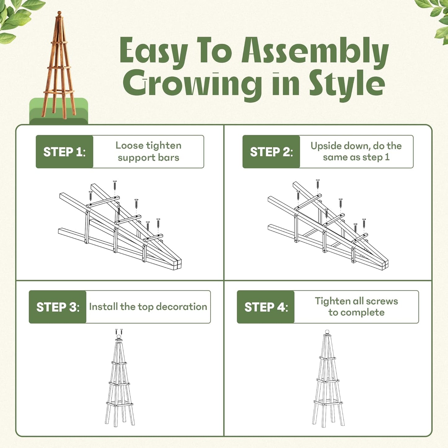 Idzo 61-Inch Wood Obelisk Trellis for Climbing Plants, Outdoor & Indoor Garden Decor, Light Brown, Durable, Space-Saving, Easy Assembly, Ideal for Patio & Yard – Upgraded 2025