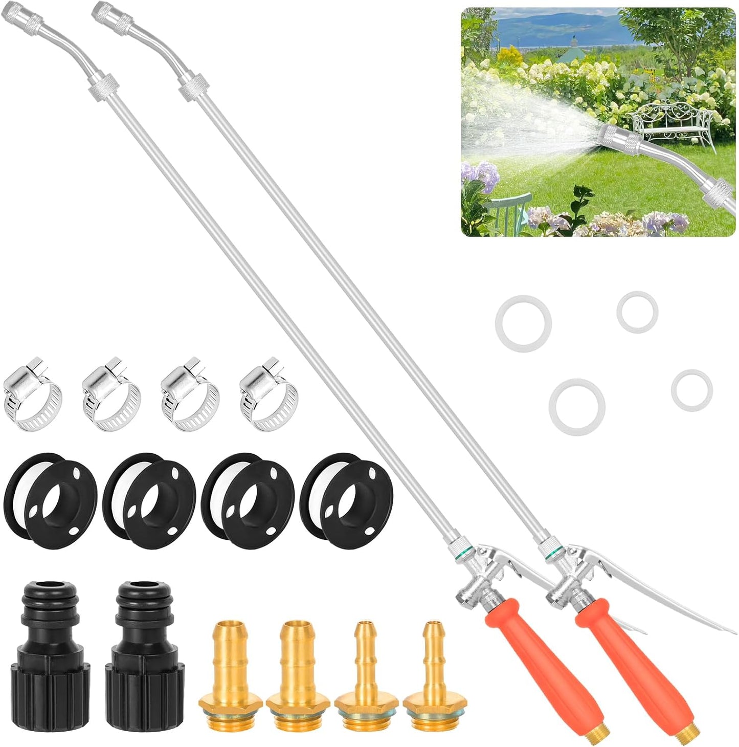 2Pcs 29" All Metal Replacement Sprayer Wand, Suitable for 1/2" Hose Quick Connector, 1/4" & 3/8" & 1/2" Brass Barb Spray Wand, Built-in Shut Valve Stainless Steel Spray Wand