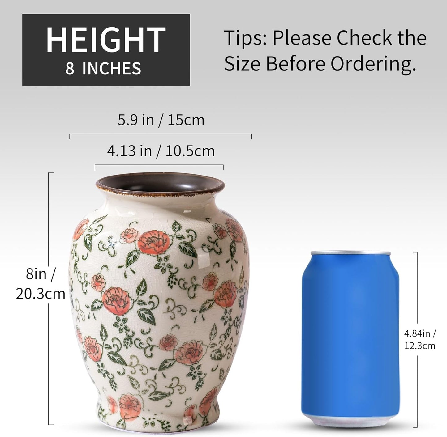 Green and Beige Vintage Round Vase, Red Rose Chinoiserie Floral Vase, Antique Decorative Ceramic Flower Vases for Bouquet, Home Decor, Living Room, Bookshelf, Office, Cottage Core Home Decor 8 Inch