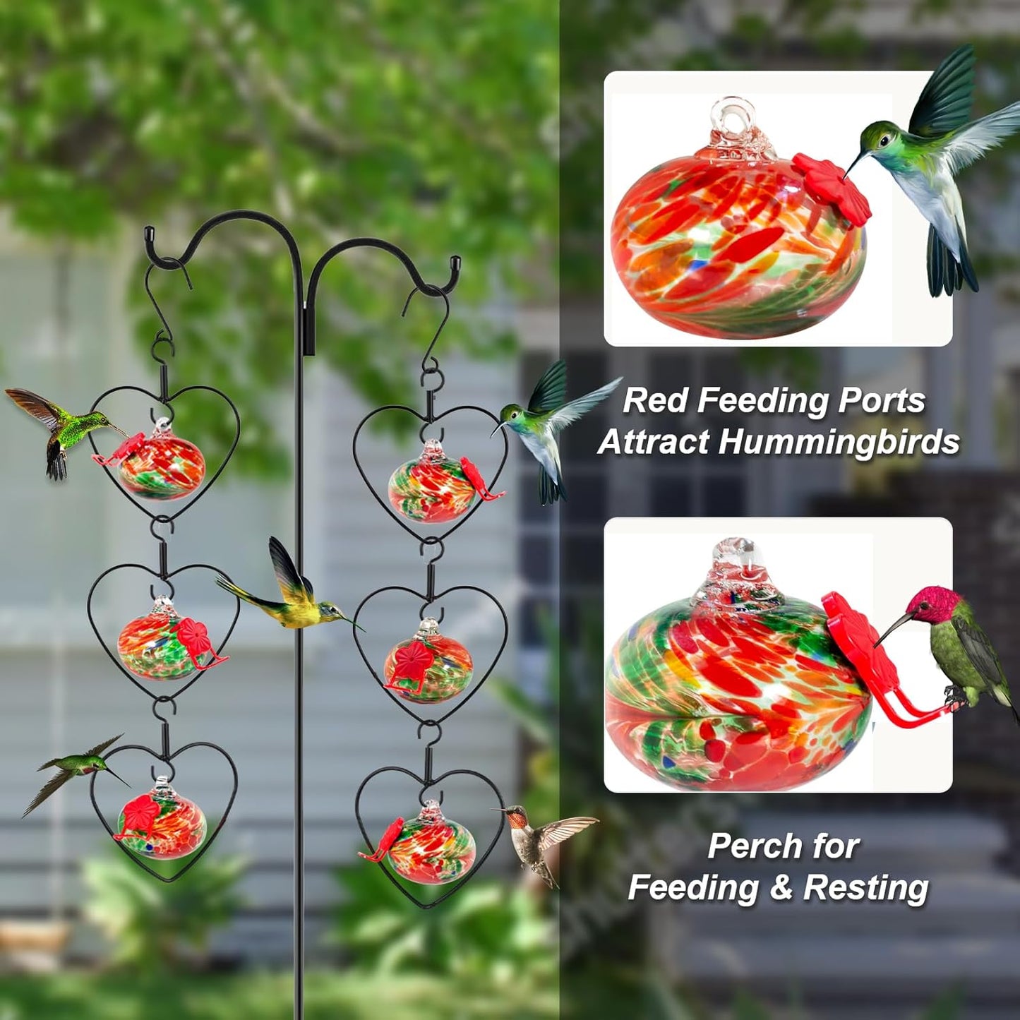 6 Pcs Heart-Shaped Hummingbird Feeder for Outdoors, Flexible Stackable Hand Blown Glass Humming Bird Feeders with 6 Adjustable Perch for Garden Tree Yard Patio Outdoors (Heart Shaped, Red)