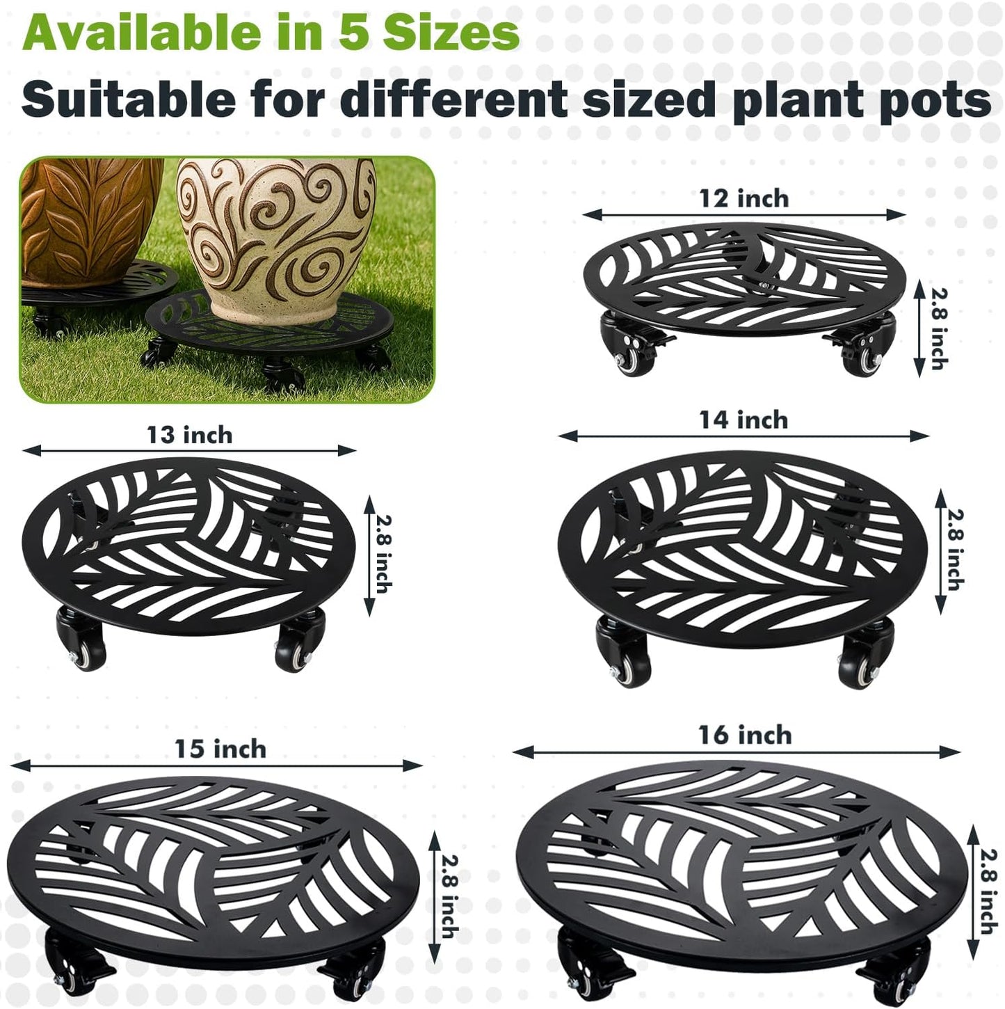 3 Packs Large Metal Plant Caddy with Wheels 13” Heavy-duty Wrought Iron Rolling Plant Stands with Casters Indoor Outdoor Planter Roller Base Plant Movers Black, Strong Load Capacity