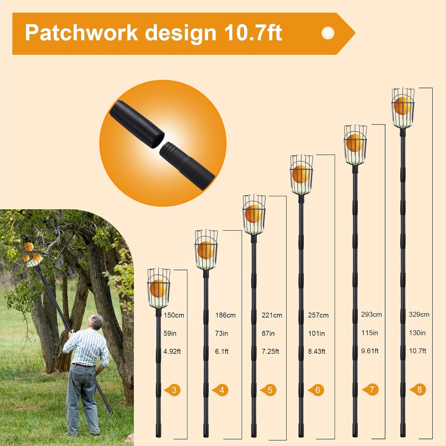 Fruit Picker Pole with Basket, 10.7FT (130 Inch) Adjustable Fruits Picker Tool with Stainless Steel Handle Fruit Grabber Reach Tool for Apple Mango Pear Avocados Fruit Picking, Black