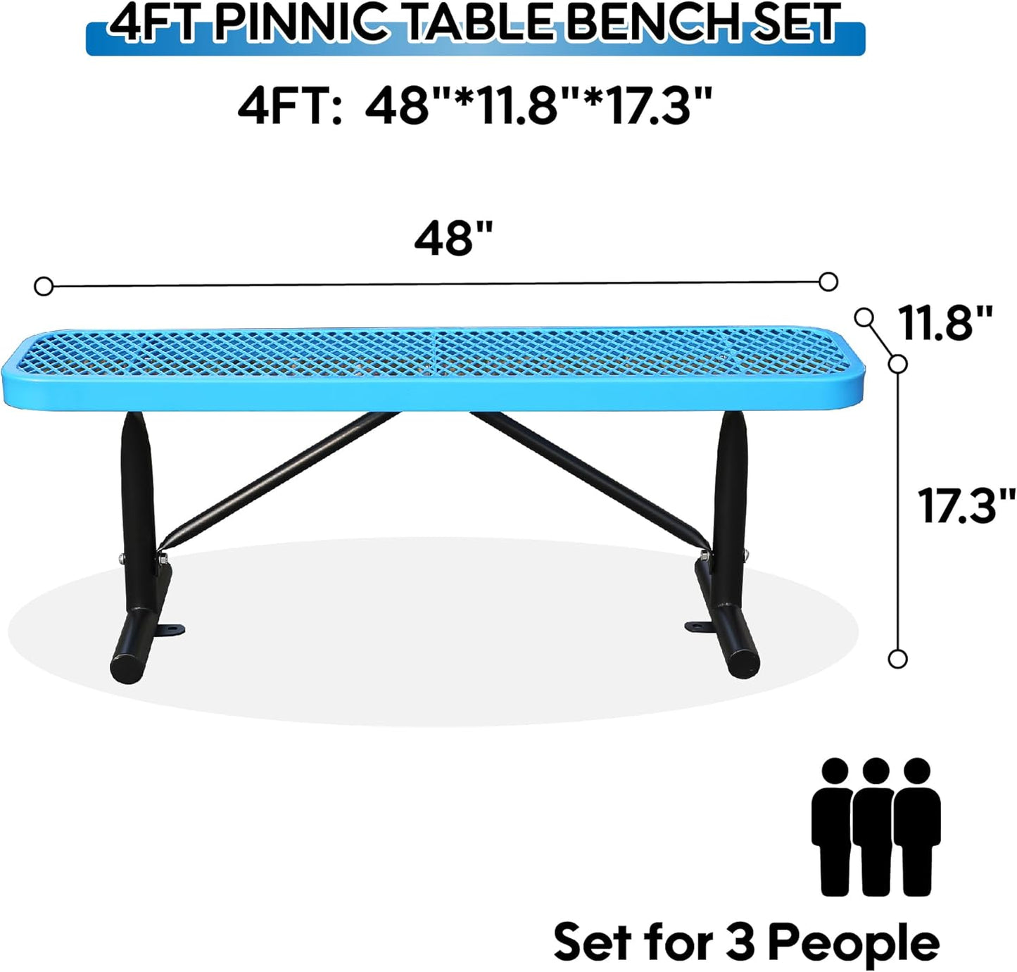 4 Feet Heavy Duty Metal Park Bench for Outside, Outdoor Bench with Portable Frame, Commercial Benches for Shopping Mall, Store, Park, Patio, Deck, Blue