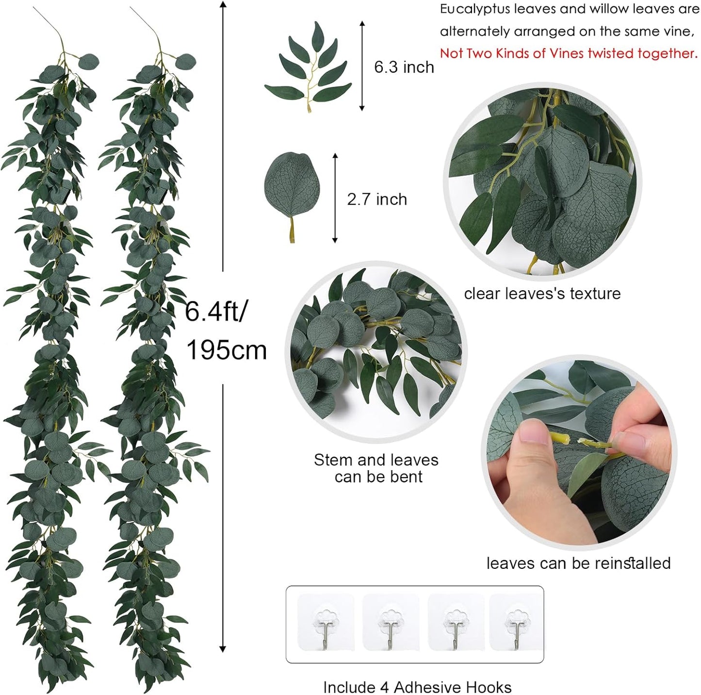 RECUTMS 2Pack Artificial Eucalyptus Garland with Willow Leaves 6Feet Fake Hanging Plant Silk Eucalyptus Willow Leaves Ivy Garland Faux Greenery for Indoor Outdoor Wedding Party Home Table Arch Decor