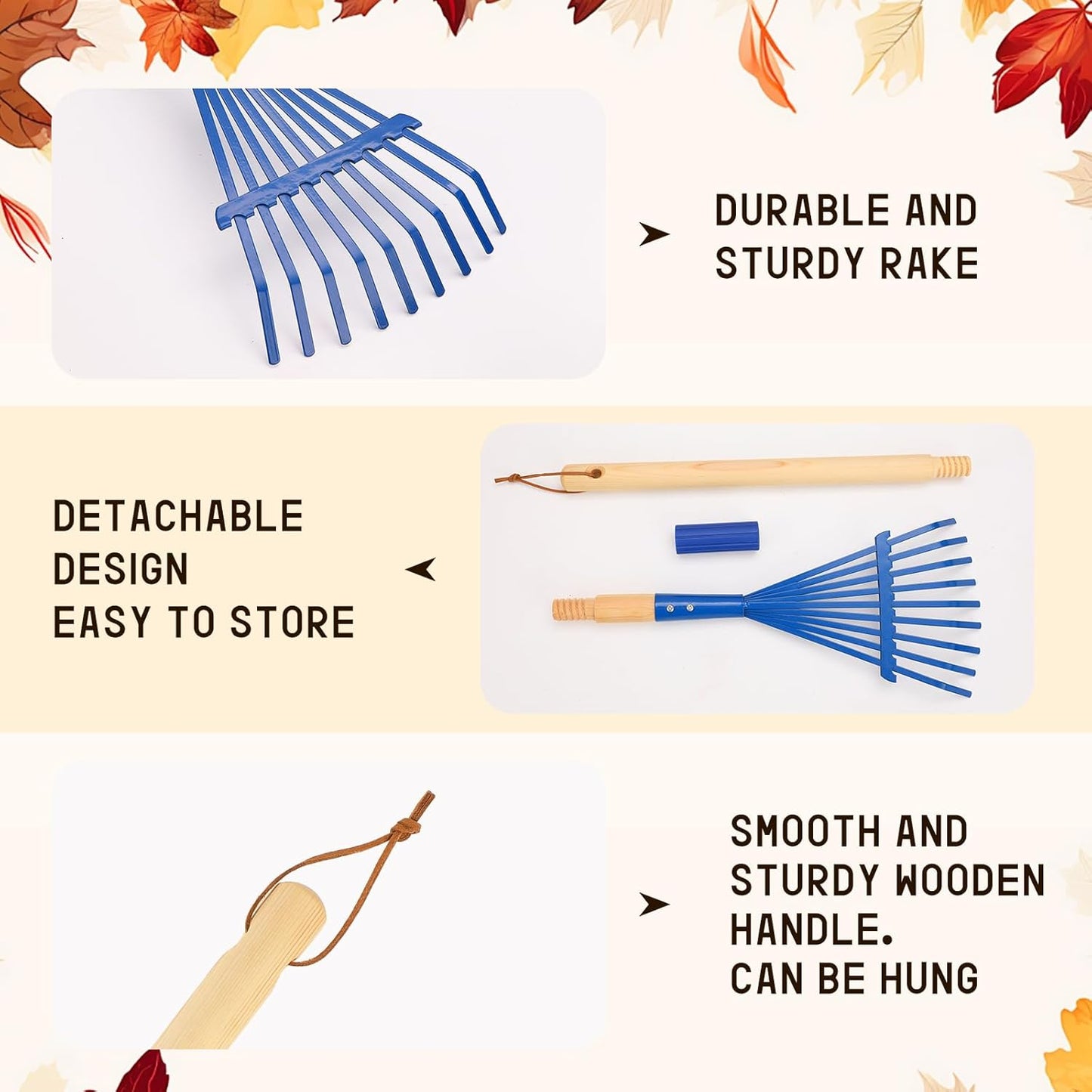 Kids Rakes with Hardwood Handle - Metal Kids Leaves Rakes, 28" Child Size Lawn Rakes with Vibrant Blue Heads, Garden Tool Set for Kids Boys and Girls