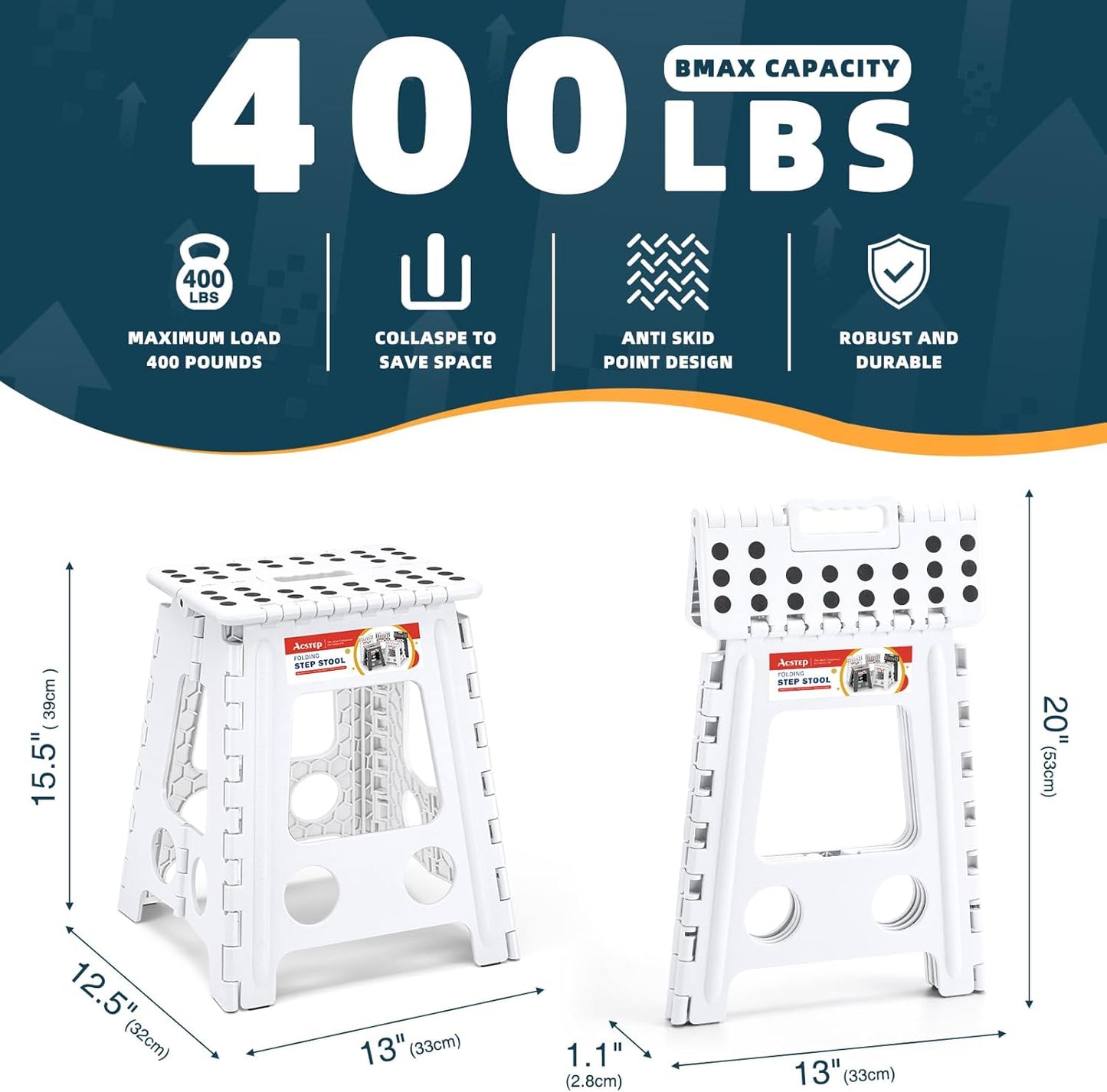 ACSTEP Folding Step Stool 16 Inch Heavy Duty Step Stool Foldable for Adults and Kids, Collapsible Stepping Stool with Handle, Non Slip Folding Stools for Kitchen Hold Up to 400lbs (White 1PC)