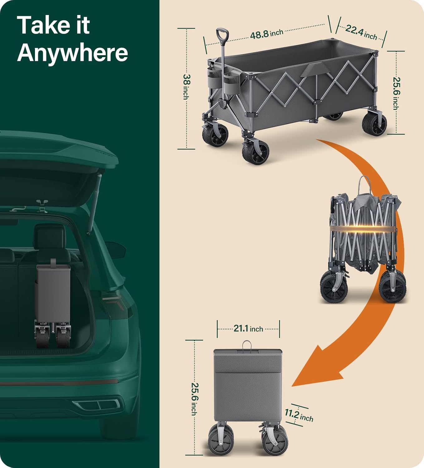440Lbs Collapsible Wagon Cart with Big Wheels,Utility Wagons with Weight Capacity,Heavy Duty Wagon with Excellent Steering,Ideal for Camping,Gargen,Transport,Outdoor Sports