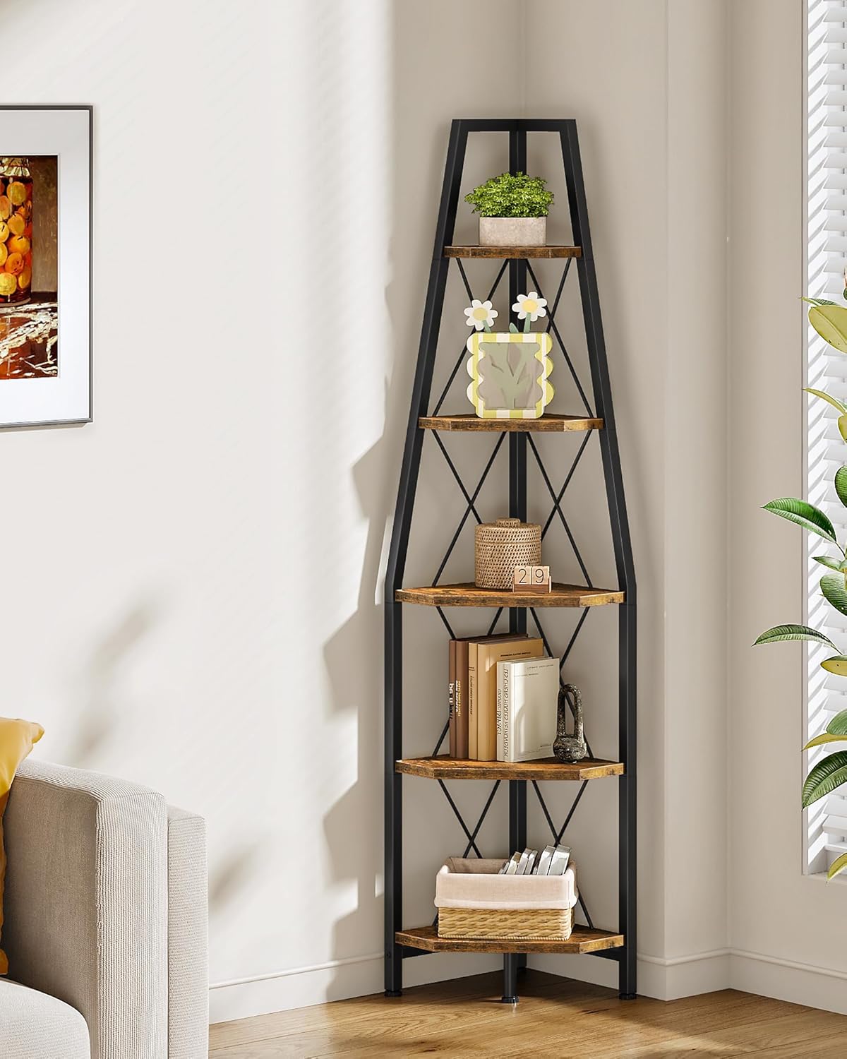 5-Tier Corner Shelf, Corner Bookshelf, Ladder Shelf, Floor Standing Storage Rack, Open Display Stand, Plant Stand, for Living Room, Bedroom, Study, Bathroom, Rustic Brown and Black TCJ22BF