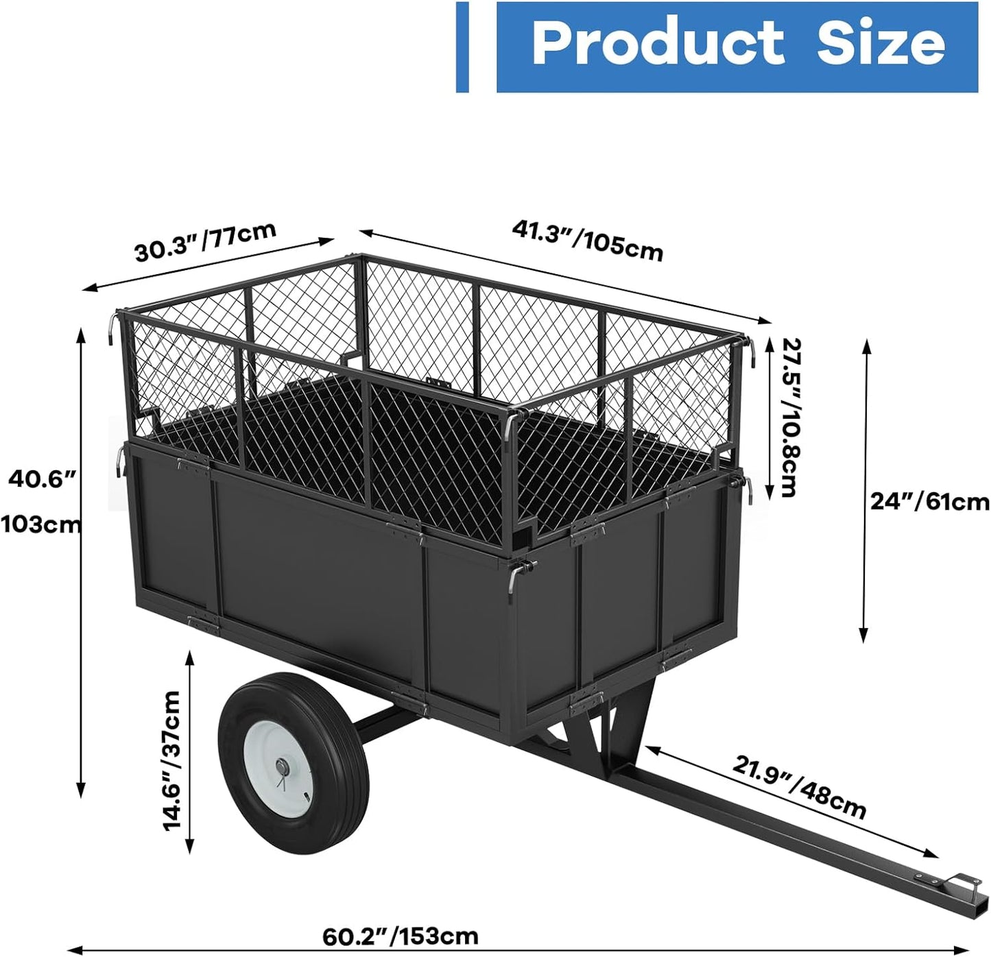 750 Lbs Capacity ATV/UTV Dump Trailer – 15 Cu. Ft. Heavy-Duty Steel Utility Cart with Removable Sides, Universal Hitch, Hand/Foot Lever Dump, for Lawn Tractor & Riding Mower