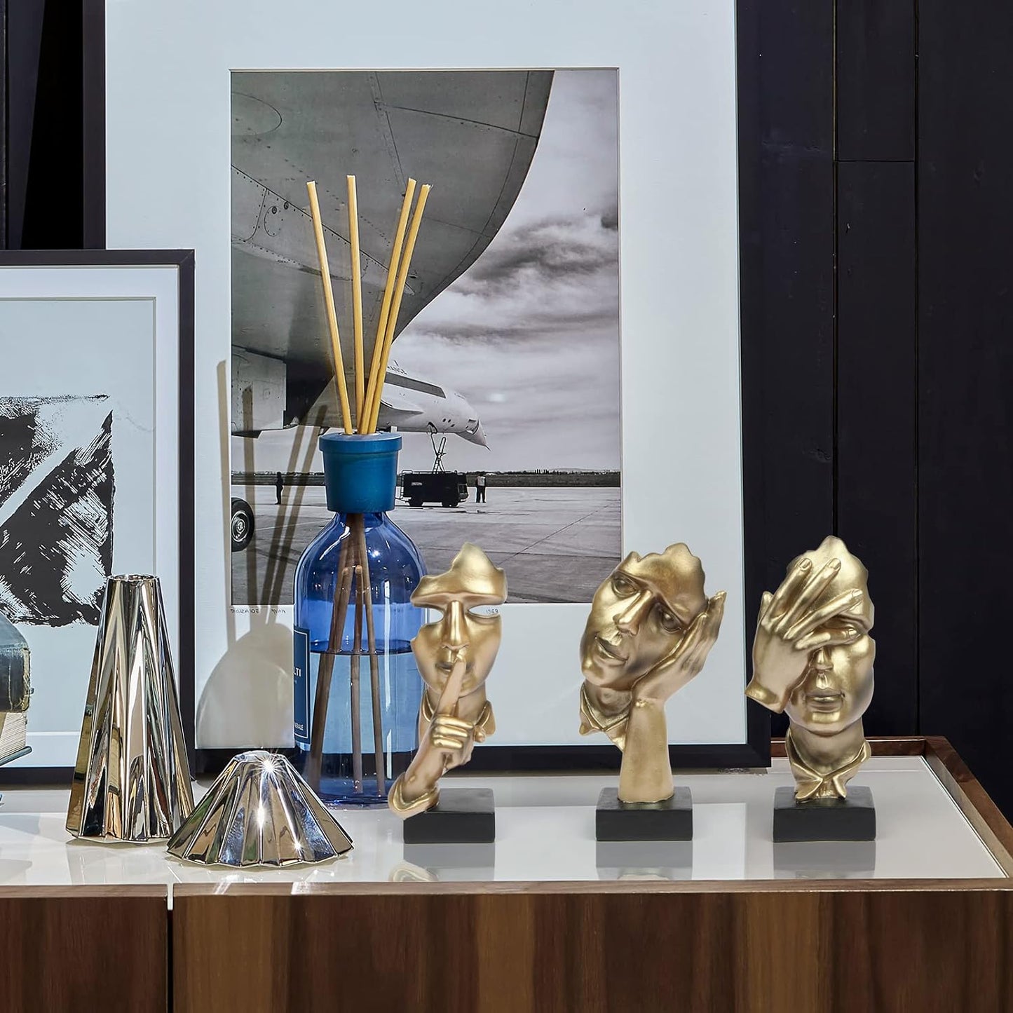 3 Pcs Thinker Statue, Silence is Gold Abstract Art Figurine, No Hear No See No Speak Modern Home Resin Sculptures Decorative Objects Decor for Home Office Bookshelf Desktop(Gold), A-41