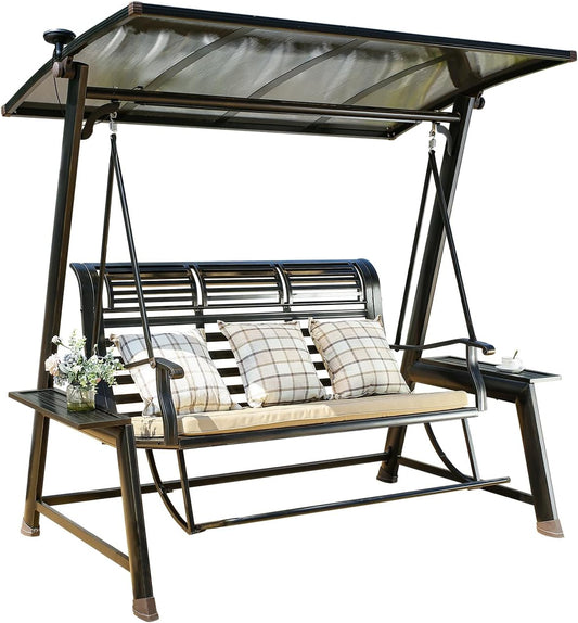 2/3-Seat Outdoor Patio Porch Swing with Adjustable Aluminum Alloy Canopy Solar Patio Swing Chair Bench with Footrest Side Cup Holder for Backyard Lawn (Heart of Ocean-3 Seat)