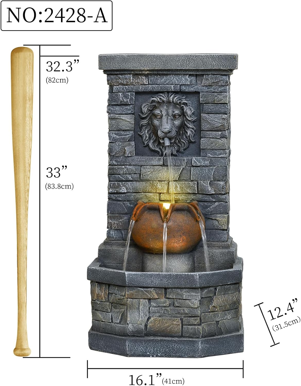 32.28'' Outdoor Garden Floor-Standing Water Fountain Lion Head Stone with Lights Outdoor Waterfall for Patio, Backyard, Deck, Porch and Home Art Decor