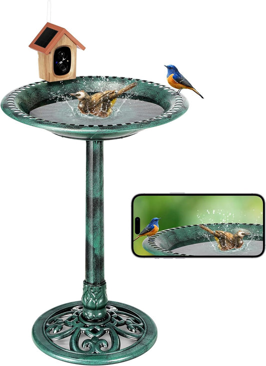 VIVOHOME Smart Polyresin Bird Bath with Camera, 2K HD Solar Powered Outdoor Bird Feeder with Night Vision, AI Bird Identification, Two-Way Audio, Instant Motion Alerts, 2.4GHz WiFi, Green