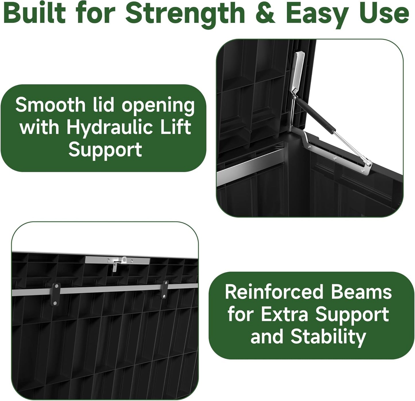 150 Gallon Outdoor Storage Box Waterproof, UV Resistant Resin Deck Box with Hydraulic Rod, Reinforced Stability for Patio, Garden, and Pool, Striped Black