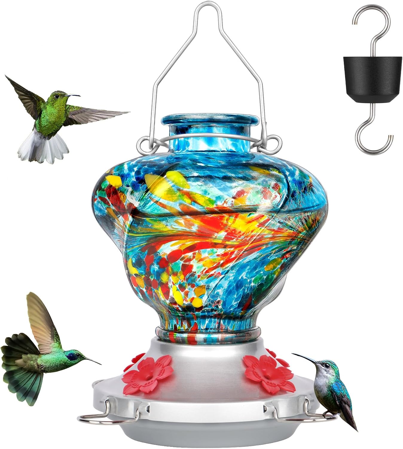 Hummingbird Feeder for Outdoors with Ant Moat, Blue Hummingbird Feeder, Hand Blown Twisted Glass, 4 Bee Guard Feeding Ports with Perch, Outdoor Décor, 16OZ, Gifts for Mom Wife Dad Men Women