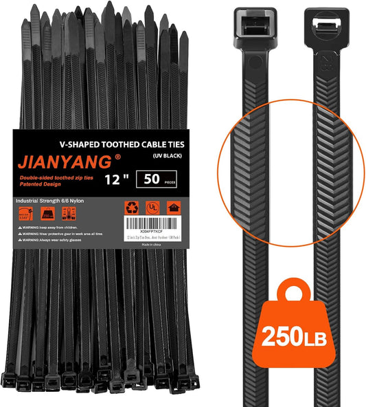 12 Inch V-Shaped Zip Ties Double Sided Toothed,250 LBS Tensile Strength Heavy Duty Cable Wire Ties With Self-Locking Adjustable More Durable Nylon Tie Wraps for Indoor Outdoor（50 Pack）