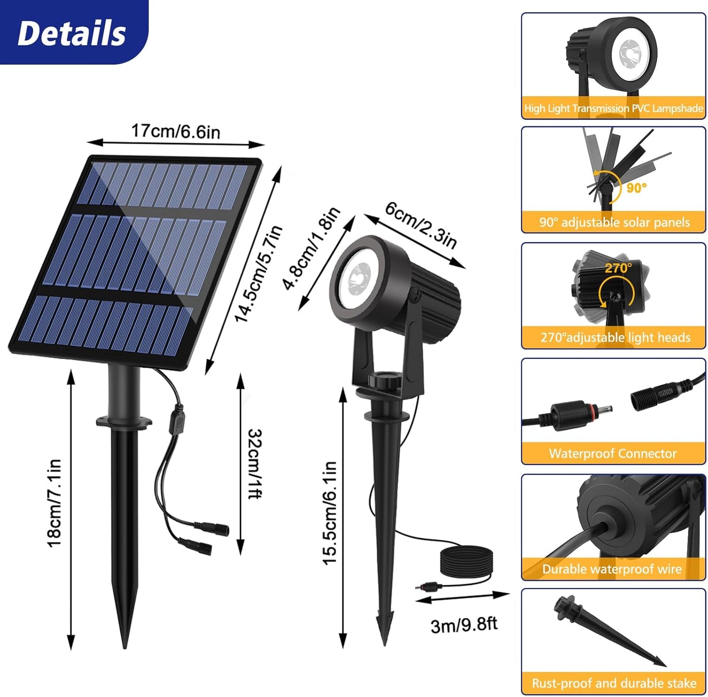 T-SUNUS Halloween Solar Spot Lights 6-in-1 Outdoor Warm White 3000K Landscape Spotlight IP65 Waterproof Separated Panel Spotlights with 9.8ft Cable Auto On/Off for Christmas Tree Lawn Driveway Pathway