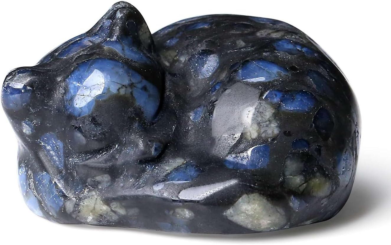 LAIDANLA Blue Labradorite Cat Healing Crystals Figurine Sleeping Cat Hand Carved Cute Statue Polished Stone Sculpture Reiki Office Room Bedroom Desk Home Decoration Gifts 1.6"