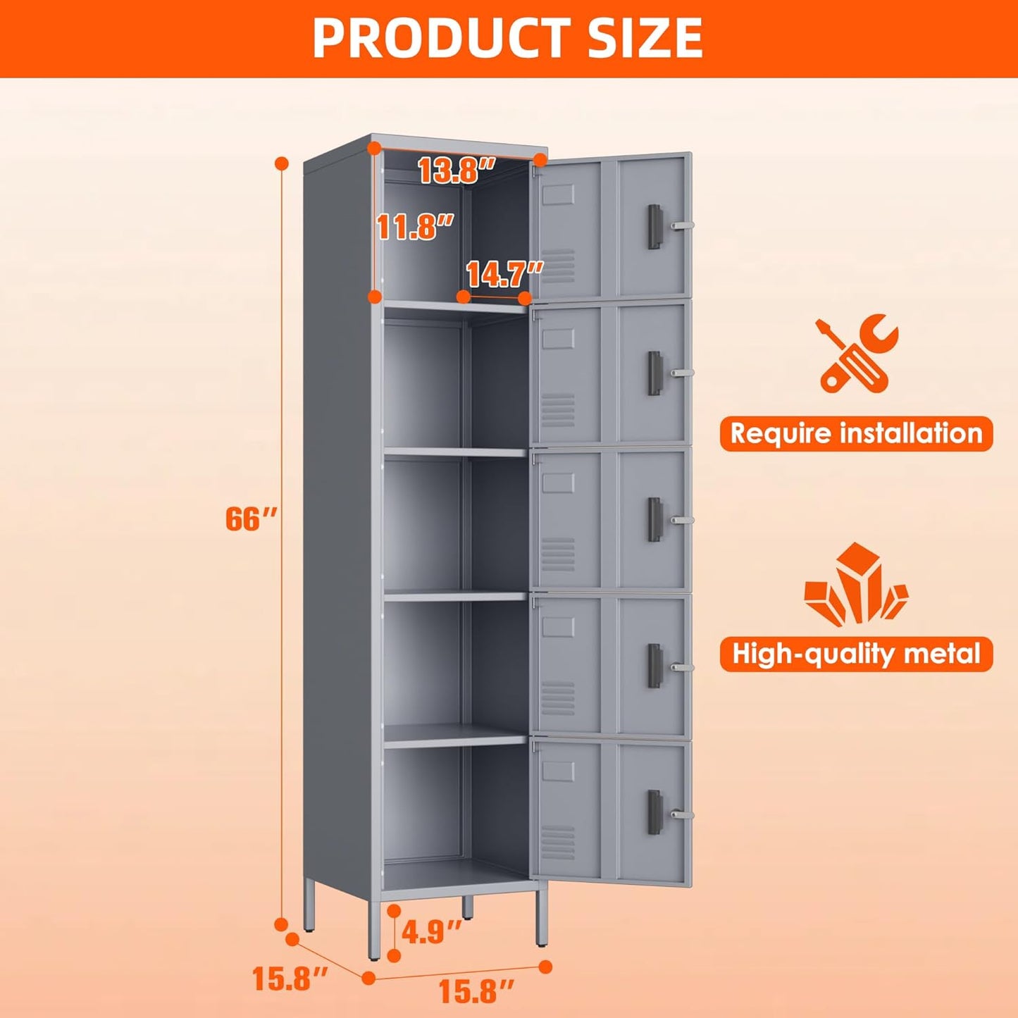 5 Doors Metal Storage Locker for Employees,Steel Home Office Storage Cabinet,66" H Employee Lockers with Adjustable Feet for School Gym Home Office, Assembly Required,Dark Grey
