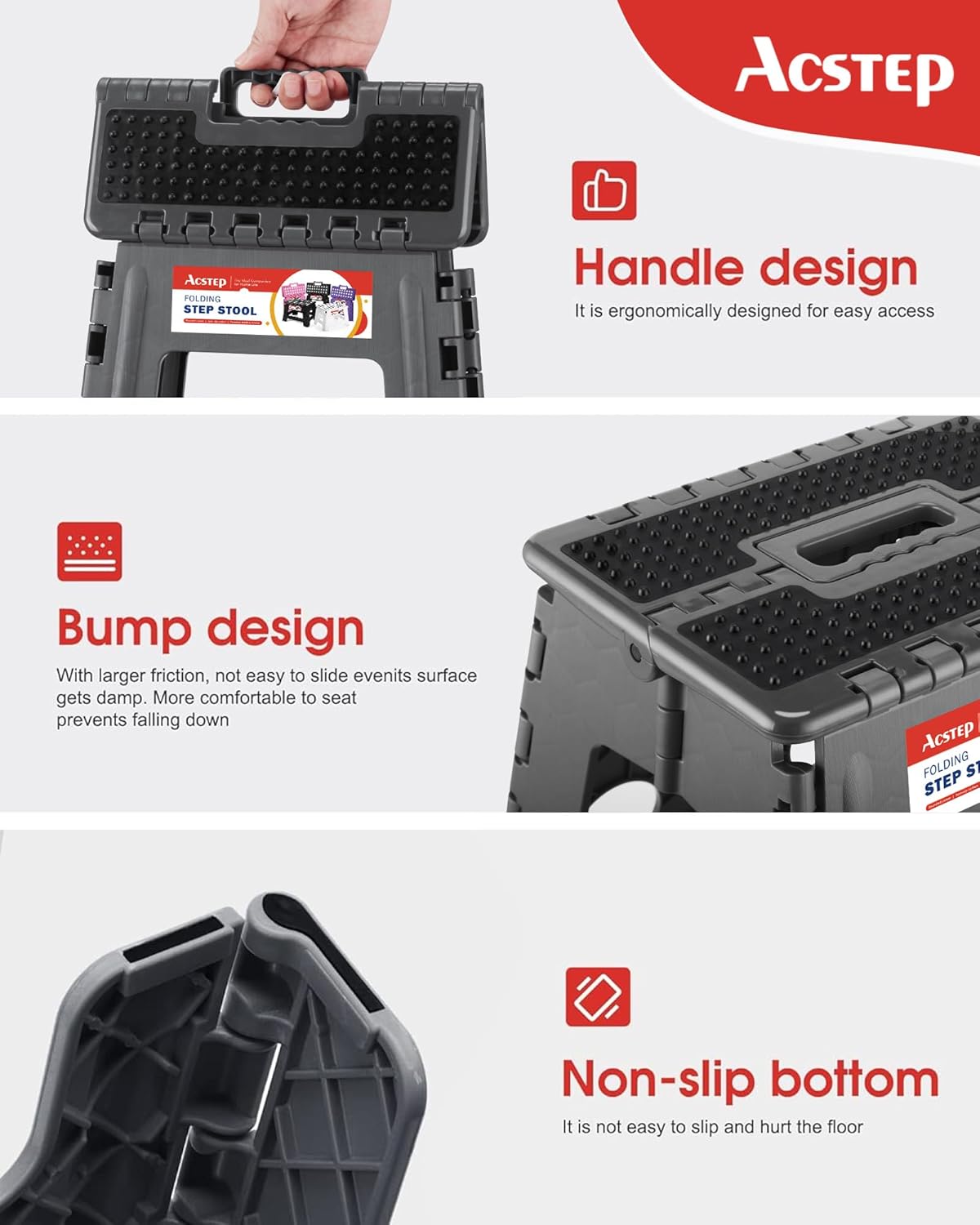 ACSTEP 13" Folding Step Stool- Holds up to 300Lb,The Lightweight Non-Slip Upgrade Collapsible Stepping Stool is Sturdy Enough to Support Adults and Safe Enough for Kids(Grey,1 Pack)