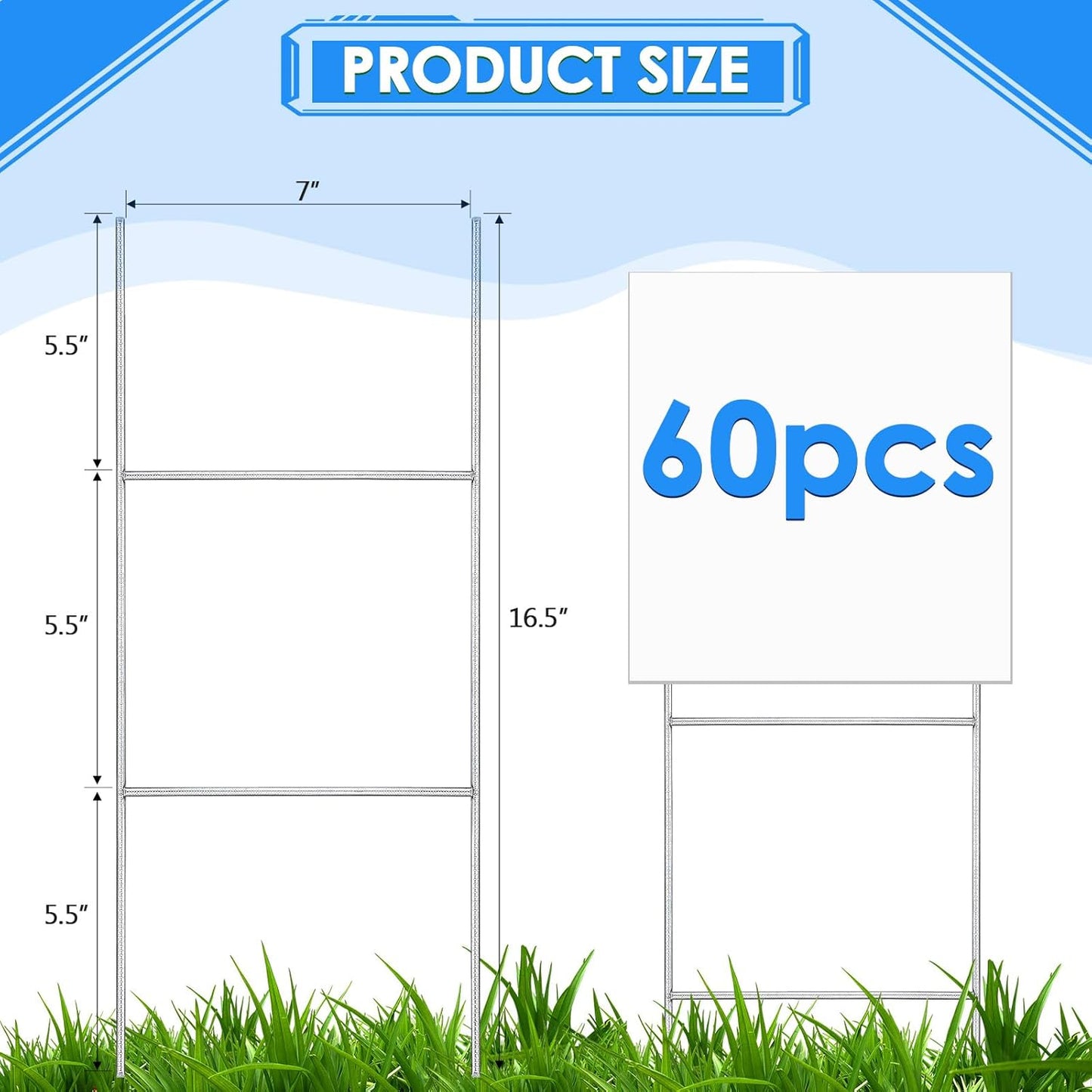 60 Pcs H Stakes for Yard Signs 16.5'' x 7'' Heavy Duty Metal H Frame Wire Stakes Weatherproof Metal Holder for 4mm 5mm Corrugated Signs Guidepost Yard Halloween Decoration