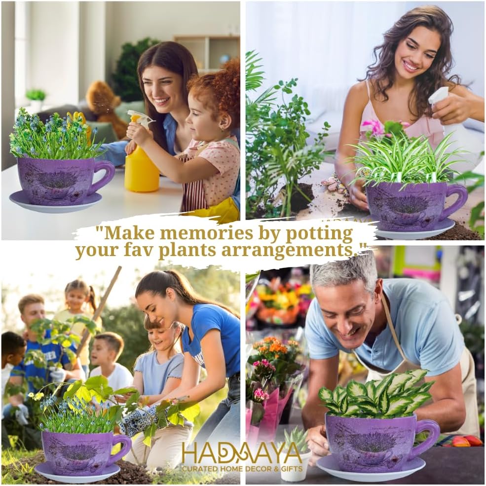7.5” Round Ceramic Teacup Planter with Saucer – Purple Lavender Basket Design Pot for Succulents, Orchid, Herbs & Indoor/Outdoor Flowers for Birthday & Any Other Occasion