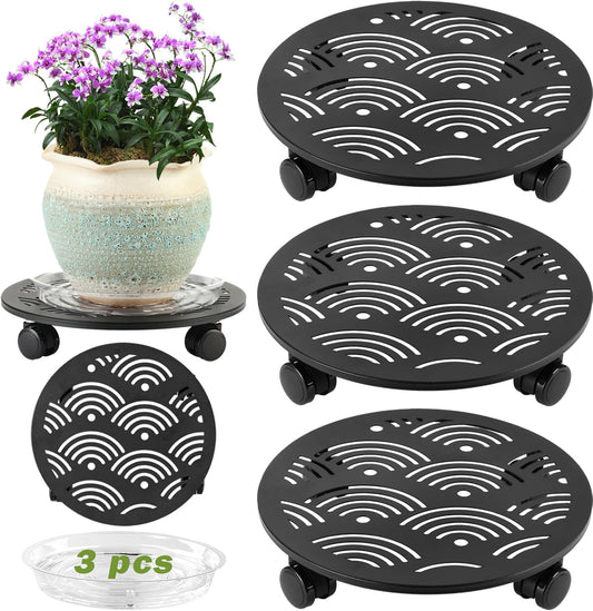 3 Packs 13.5" Large Metal Plant Caddy with Wheels Heavy-Duty Plant Dolly Pot Mover Rollers Rolling Plant Stands Indoor Outdoor Wheeled Plant Holder Coaster Trolley