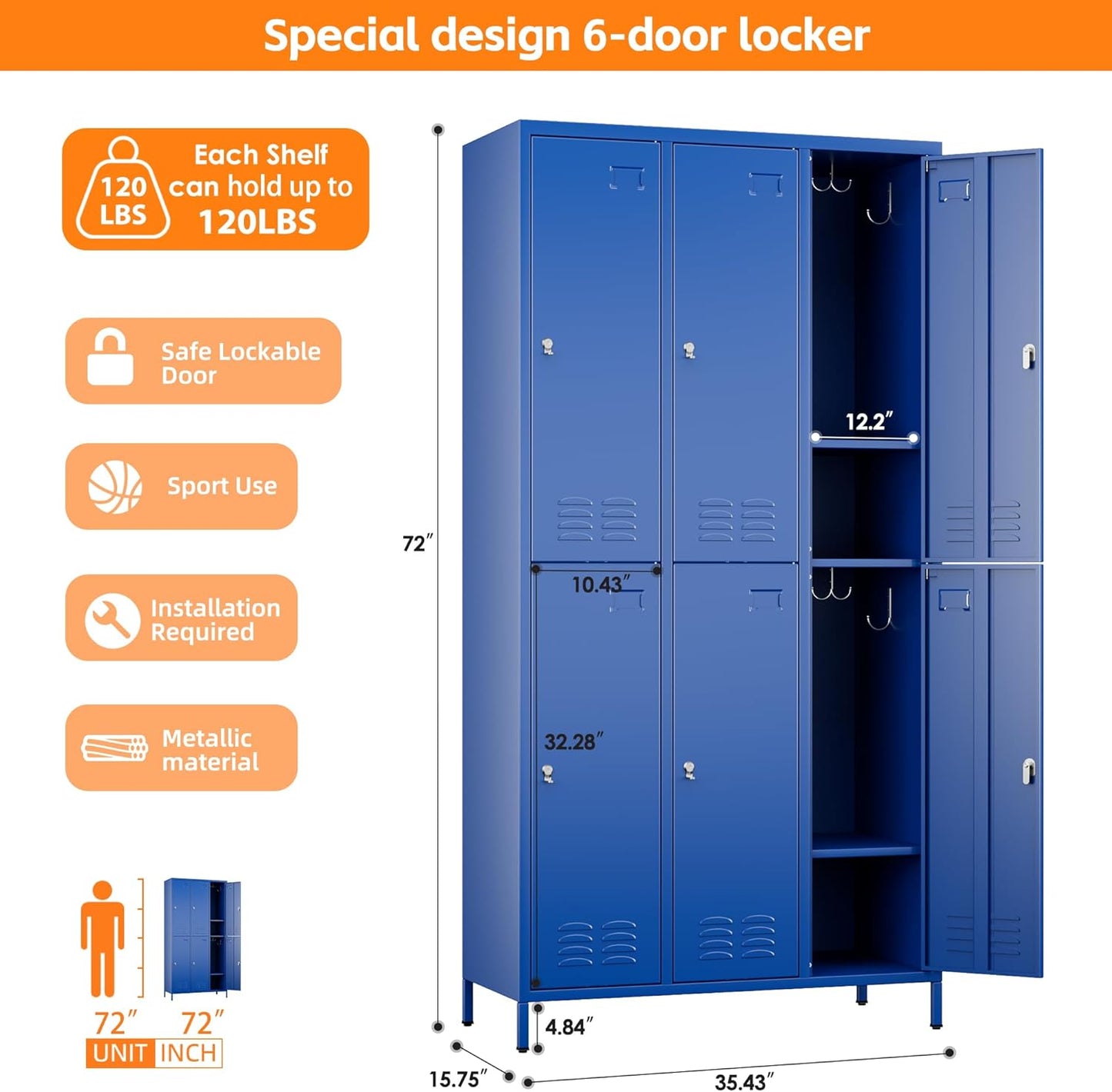 6 Doors Metal Lockers for Employees with 6 Shelves and 18 Hooks, Storage Locker with Business Card Holder for Office Gym School Bedroom, Assembly Required, Blue
