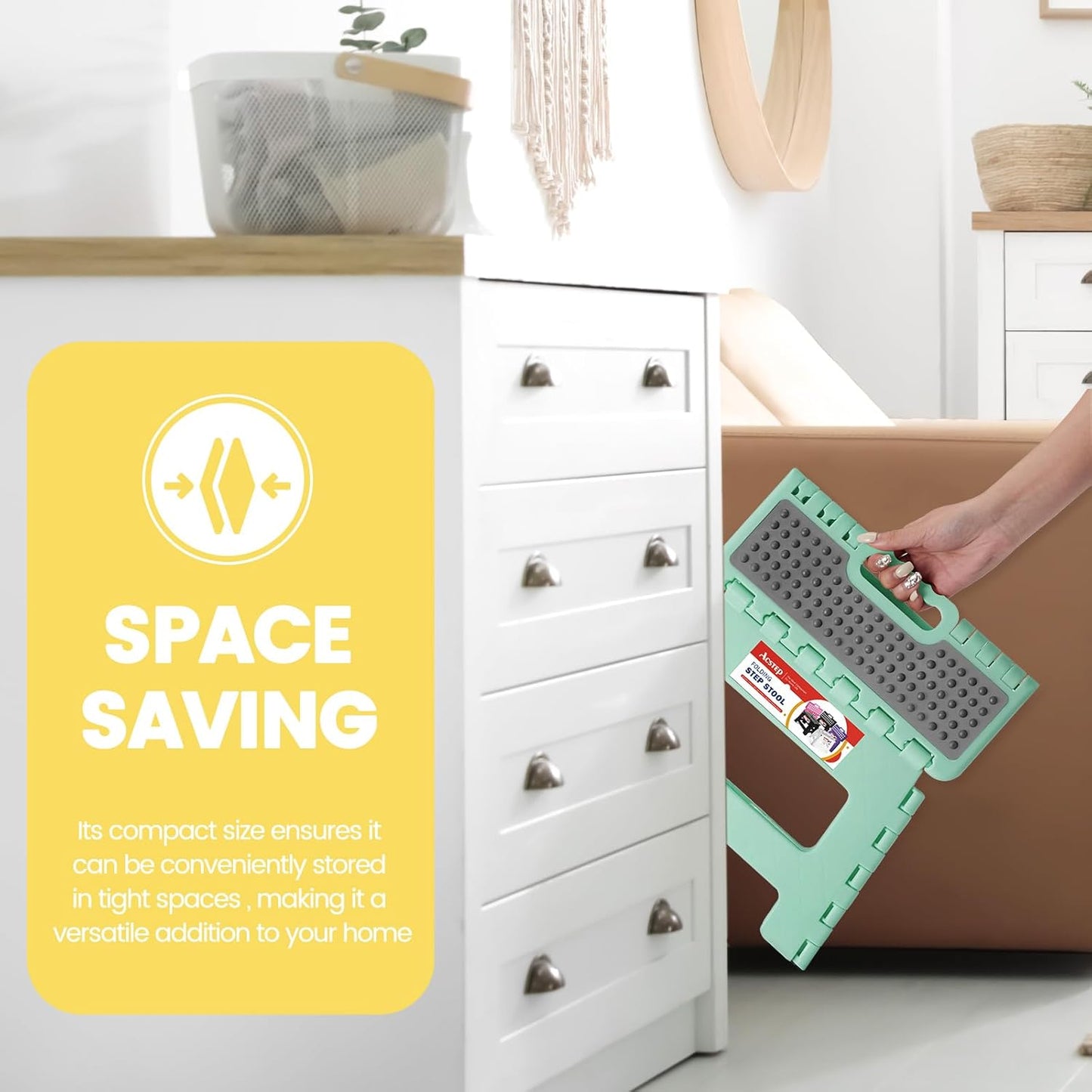 ACSTEP 9 Inch Folding Step Stool 300 LB Capacity Non Slip Foot Stool with Handle Plastic Foldable Step Stools for Kids Stepping Stool for Bathroom Black Small Step Stool (1 PC Teal)