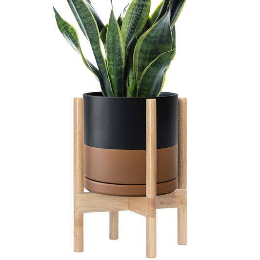 D'vine Dev Ceramic Planter with Natural Stand - 10 Inch Modern Round Flower Pot with Wood Planter Holder, Black/Speckled Tan, 55-B-K-7