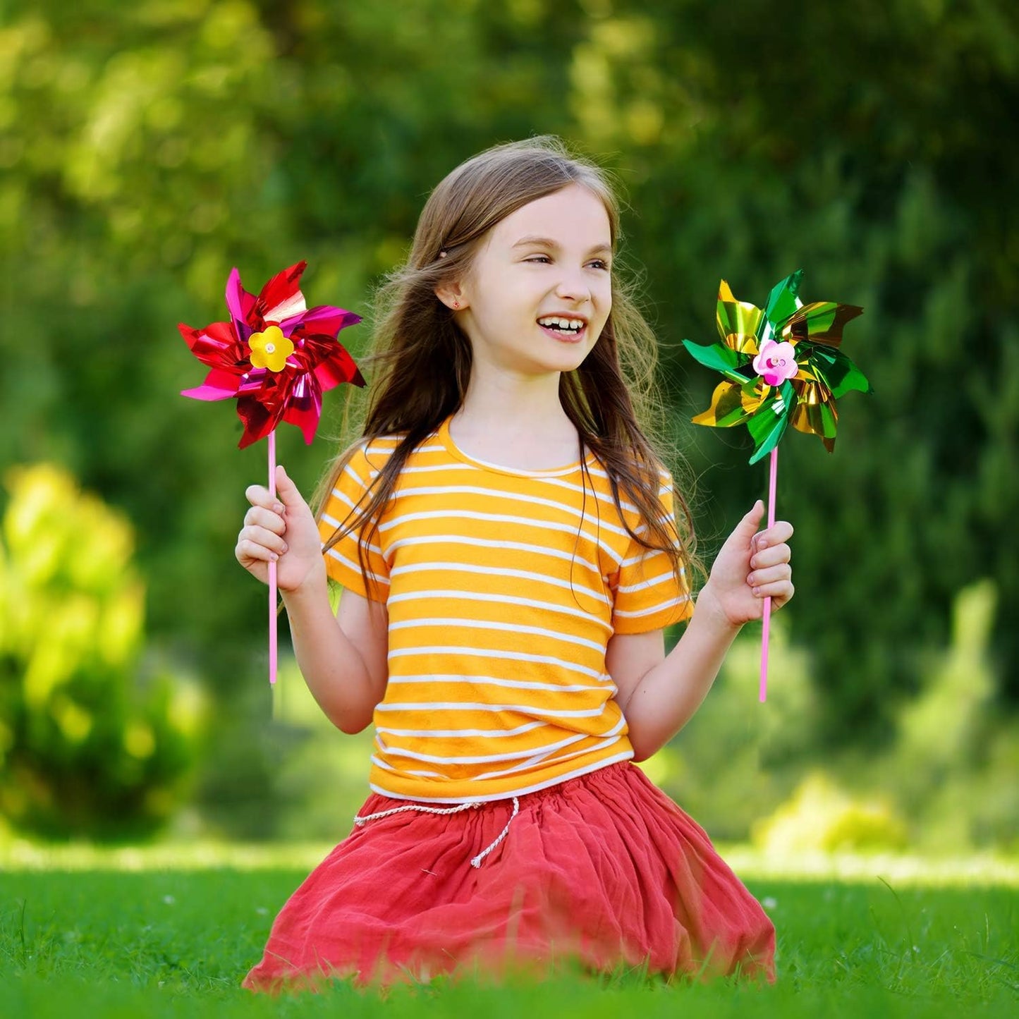 Elcoho 100 Pieces Plastic Rainbow Windmill Party Pinwheels DIY Pinwheel for Kids Toy Garden Party Lawn Decor, Assorted Color