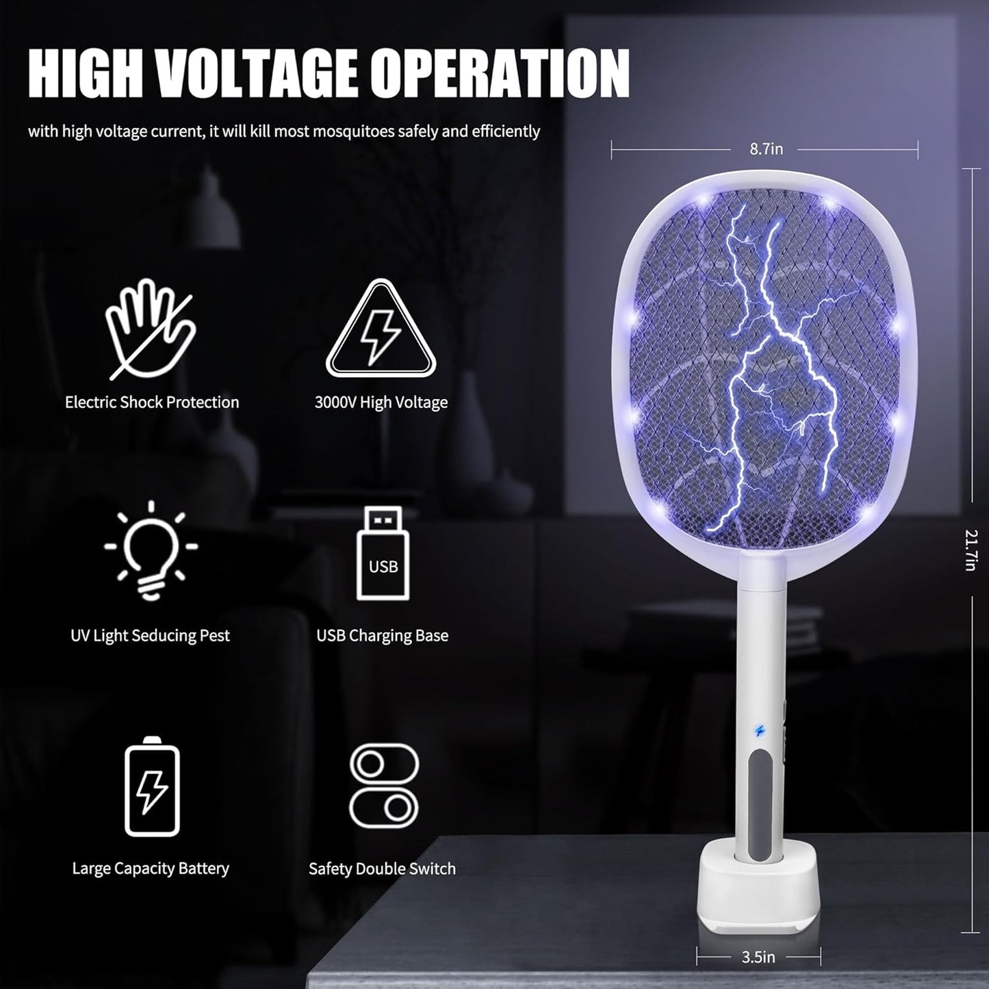 Lulu Home 2-in-1 Electric Bug Zapper Racket, 3000V High Voltage LED Lighted Handheld Mosquito Swatter with 3 Layer Safety Mesh, USB Charging Portable Fly Killer Racquet for Indoor Outdoor Use